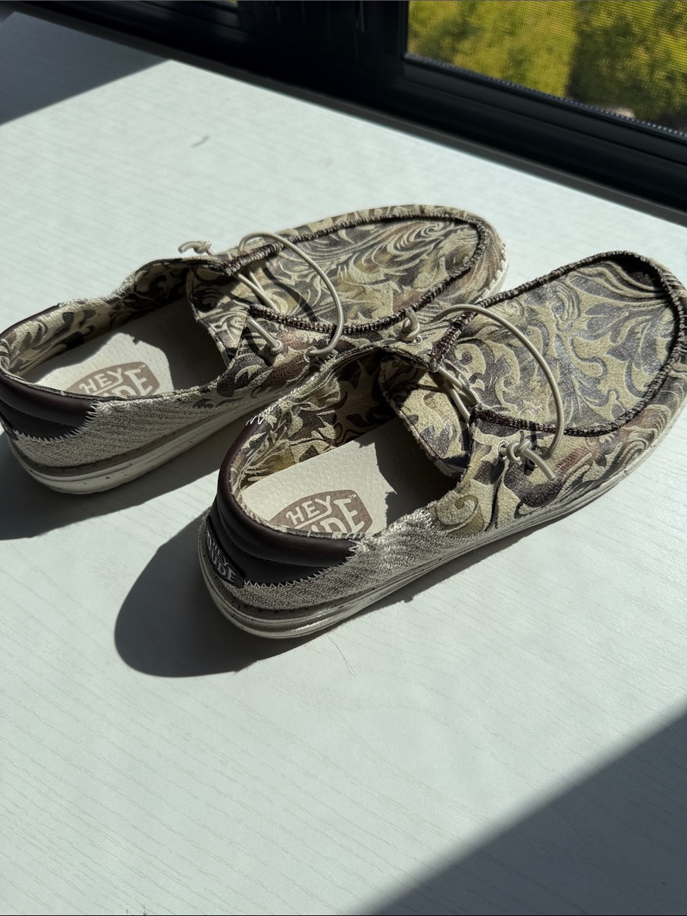 Hey Dude Floral Pattern Canvas Slip-On Loafers in Brown and Cream - Picture 6 of 12